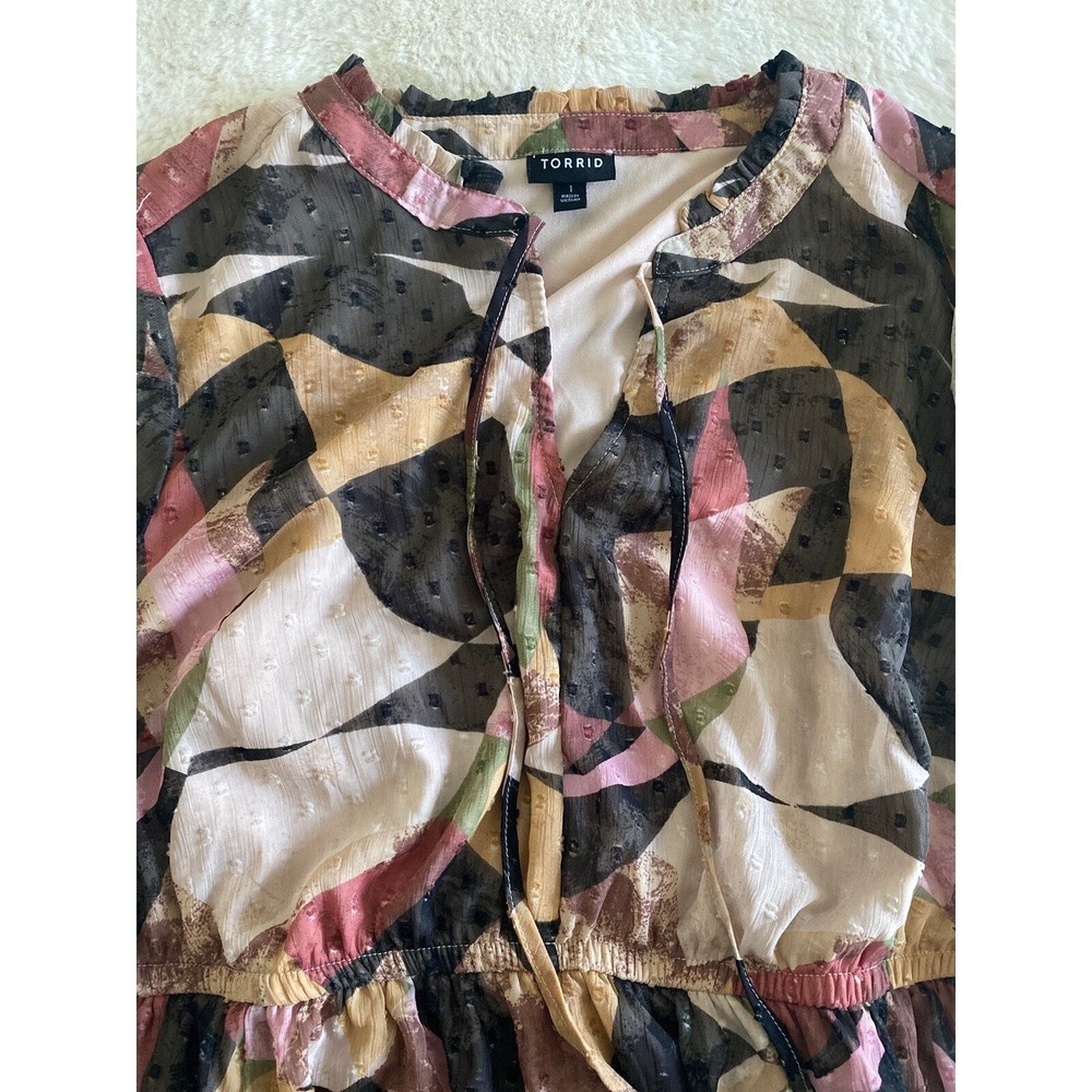 Torrid Mini Clip Keyhole‎ Dress Abstract Print Tie Neck 3/4 Sleeve Chiffon Lined - Picture 11 of 13
